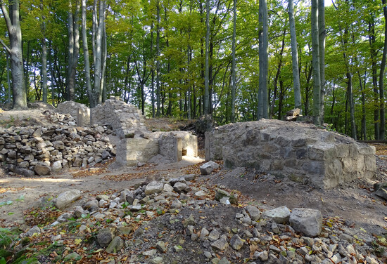 Zříceniny hradního paláce, stav po provedení konzervačních prací; v popředí pilíř, vlevo zbytek průčelí se vstupem do interiéru